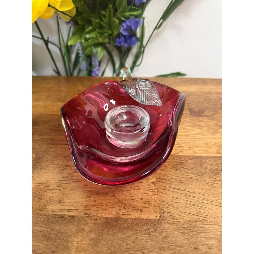 Vintage Cranberry Glass Apple Candle Holder with Clear Leaf Accent